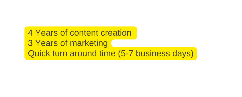 4 Years of content creation 3 Years of marketing Quick turn around time 5 7 business days